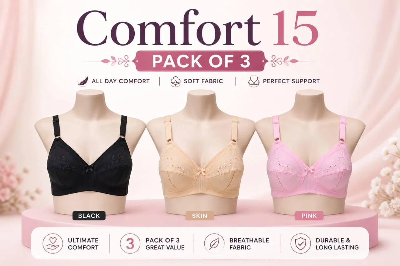 Comfort 15 Premium Cotton Bra (Pack of 3) – Buy 2 Get 1 FREE | Soft, Breathable & Everyday Comfort | Elite Garment Factory