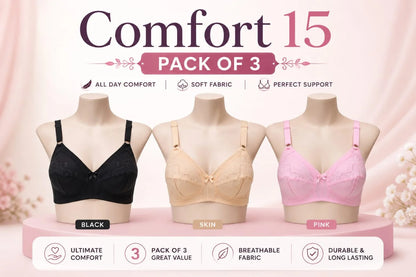 Comfort 15 Premium Cotton Bra (Pack of 3) – Buy 2 Get 1 FREE | Soft, Breathable & Everyday Comfort | Elite Garment Factory